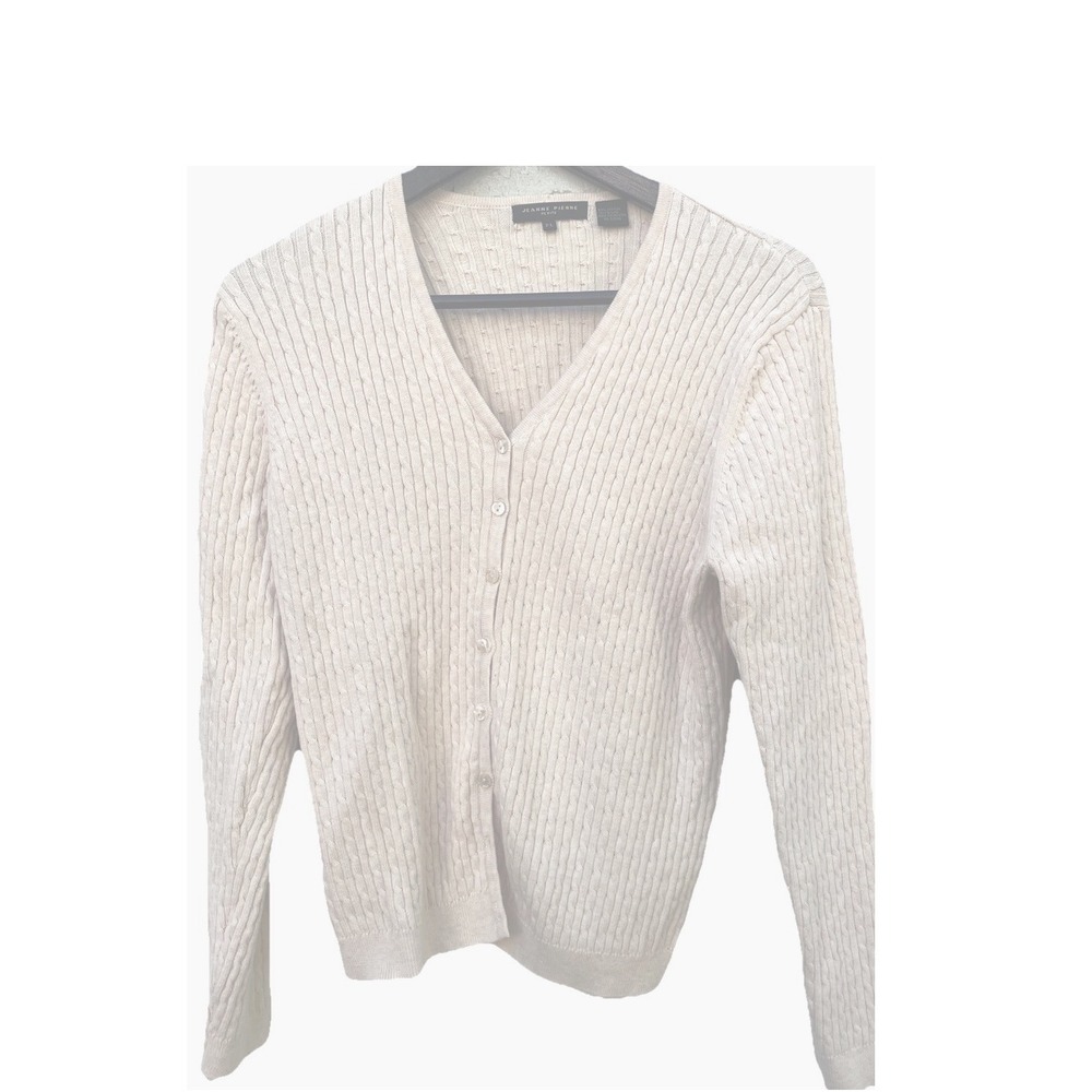 Jeanne Pierre Petite Cream Cable Knit V-Neck Button Front Cardigan Sweater PL